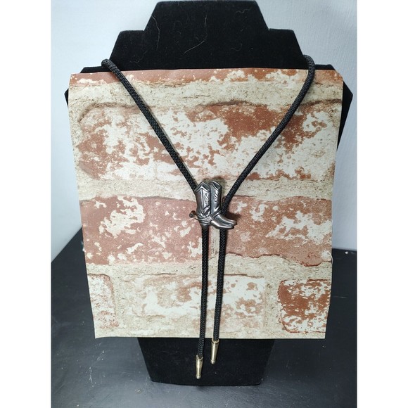 Western Style Bolo Rope Necktie-Boots with spurs-black and silver-Excellent - Picture 3 of 8